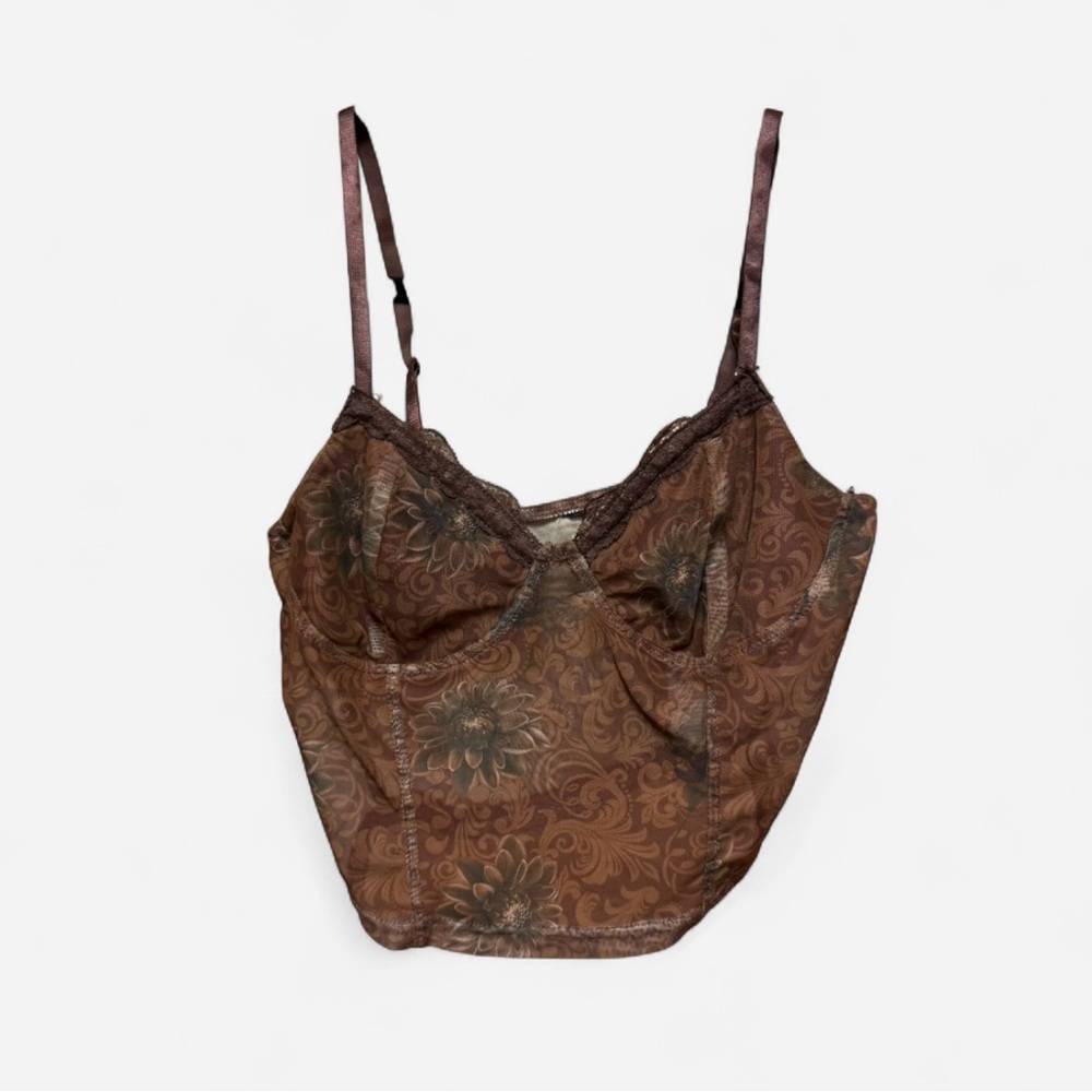 Vintage Brown and Burnt Orange Floral Mesh Corset-Like Camisole